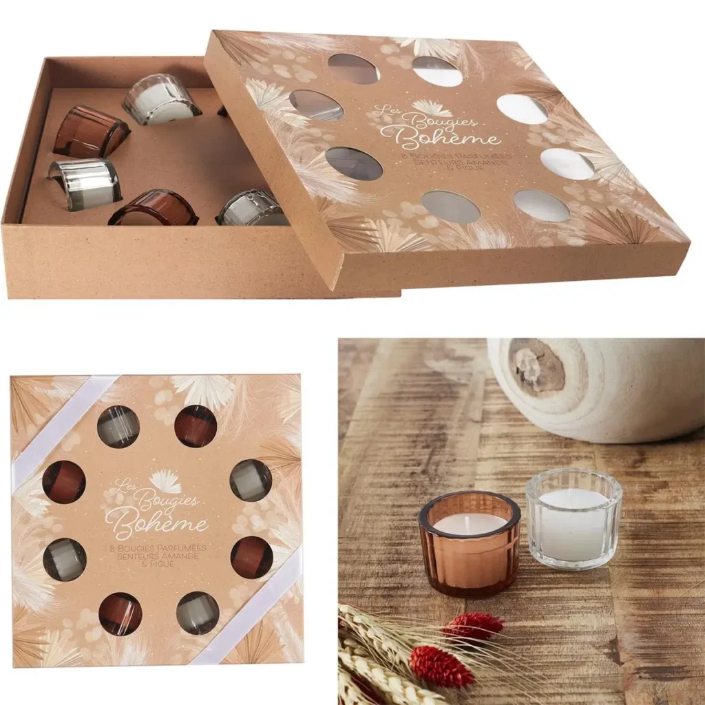 Geurkaarsen cadeauset als decoratie in woonkamer