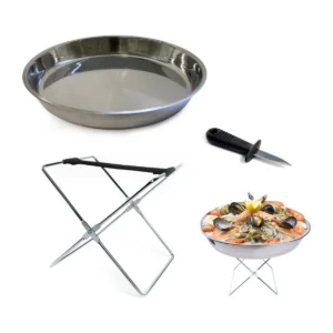 Ronde zeevruchten serveerschaal met houder en oestermes in zilver