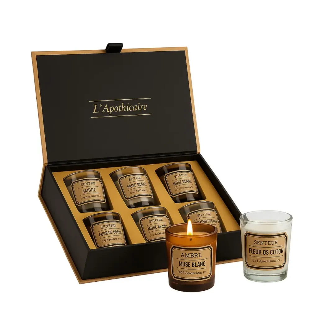 Luxe beige geurkaarsen geschenkset in elegante cadeauverpakking