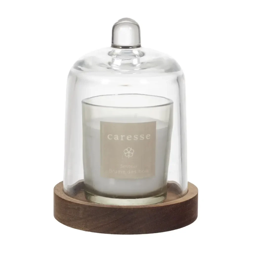 Luxe witte geurkaars met glazen stolp en houten onderzetter – WDMT design
