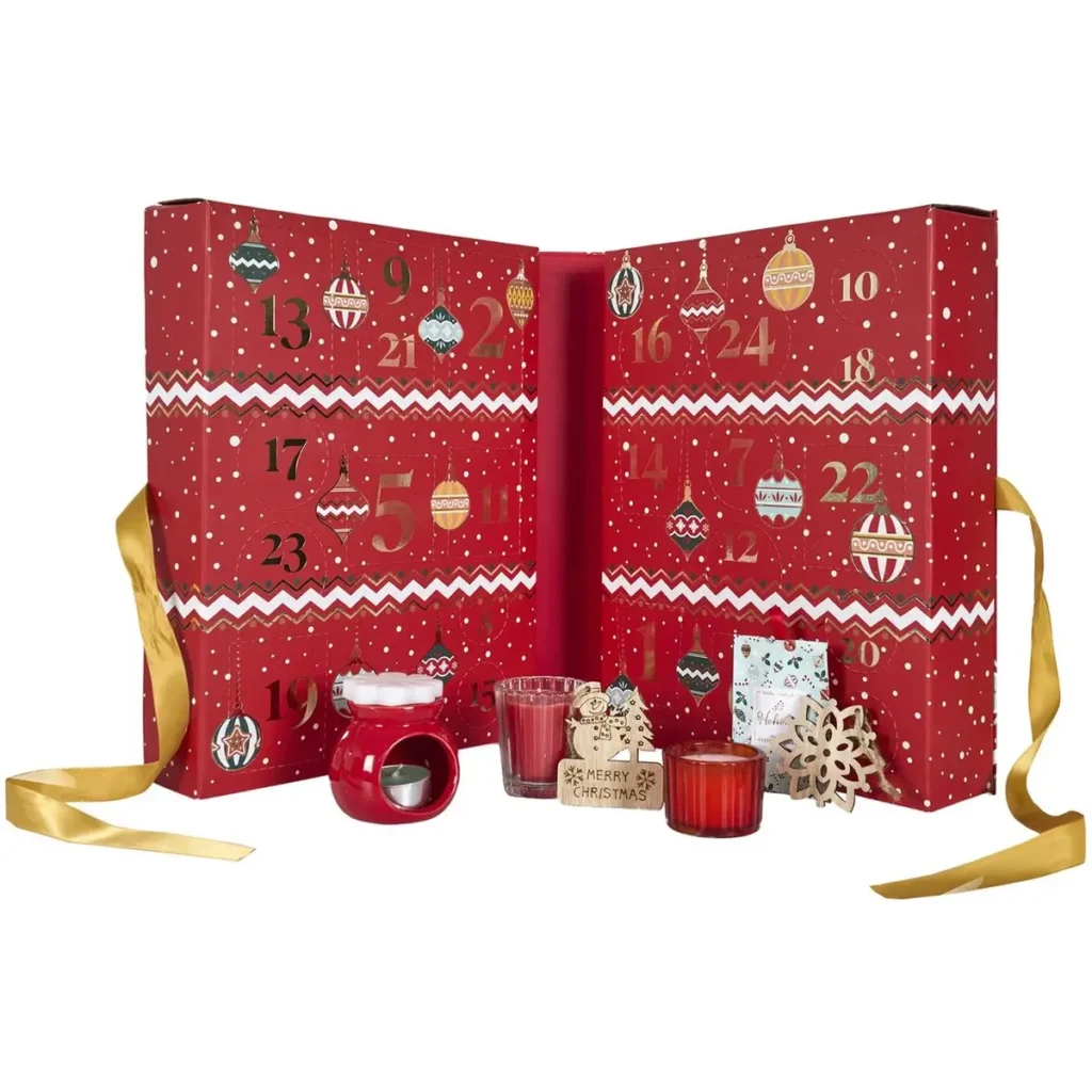 Rode adventskalender 34 x 25 x 14 cm met 24 vakjes