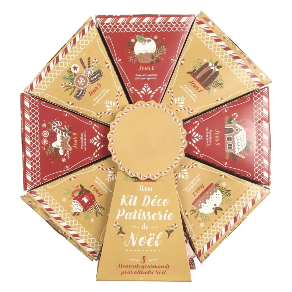 Luxe beige adventskalender in de vorm van een patisseriewiel met feestelijke opdruk