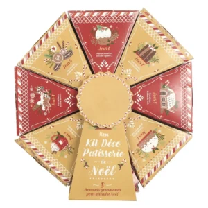 Luxe beige adventskalender in de vorm van een patisseriewiel met feestelijke opdruk