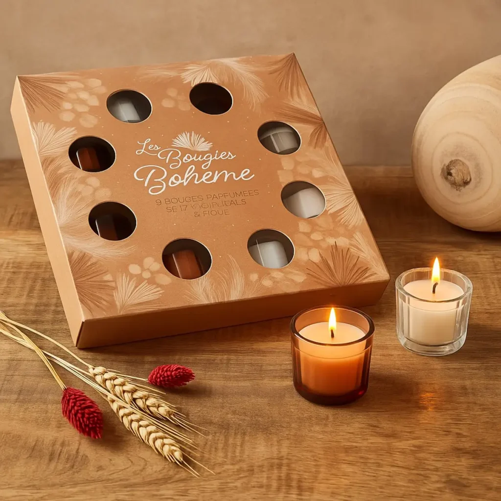 Geurkaarsen cadeauset met 8 kaarsen in beige verpakking