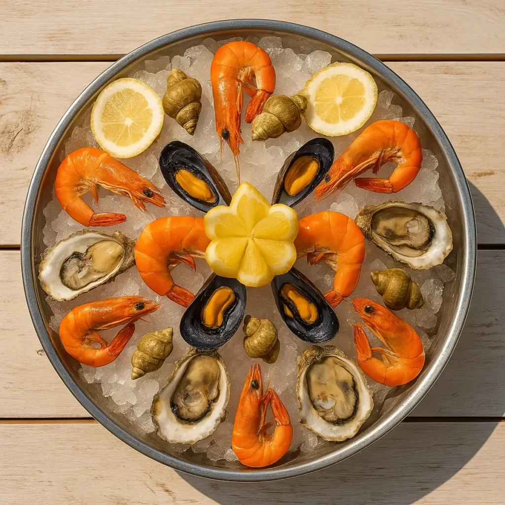 Ronde zeevruchten serveerschaal gevuld met verse oesters op ijs