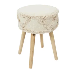 Ronde boho kruk met beige bekleding en houten poten