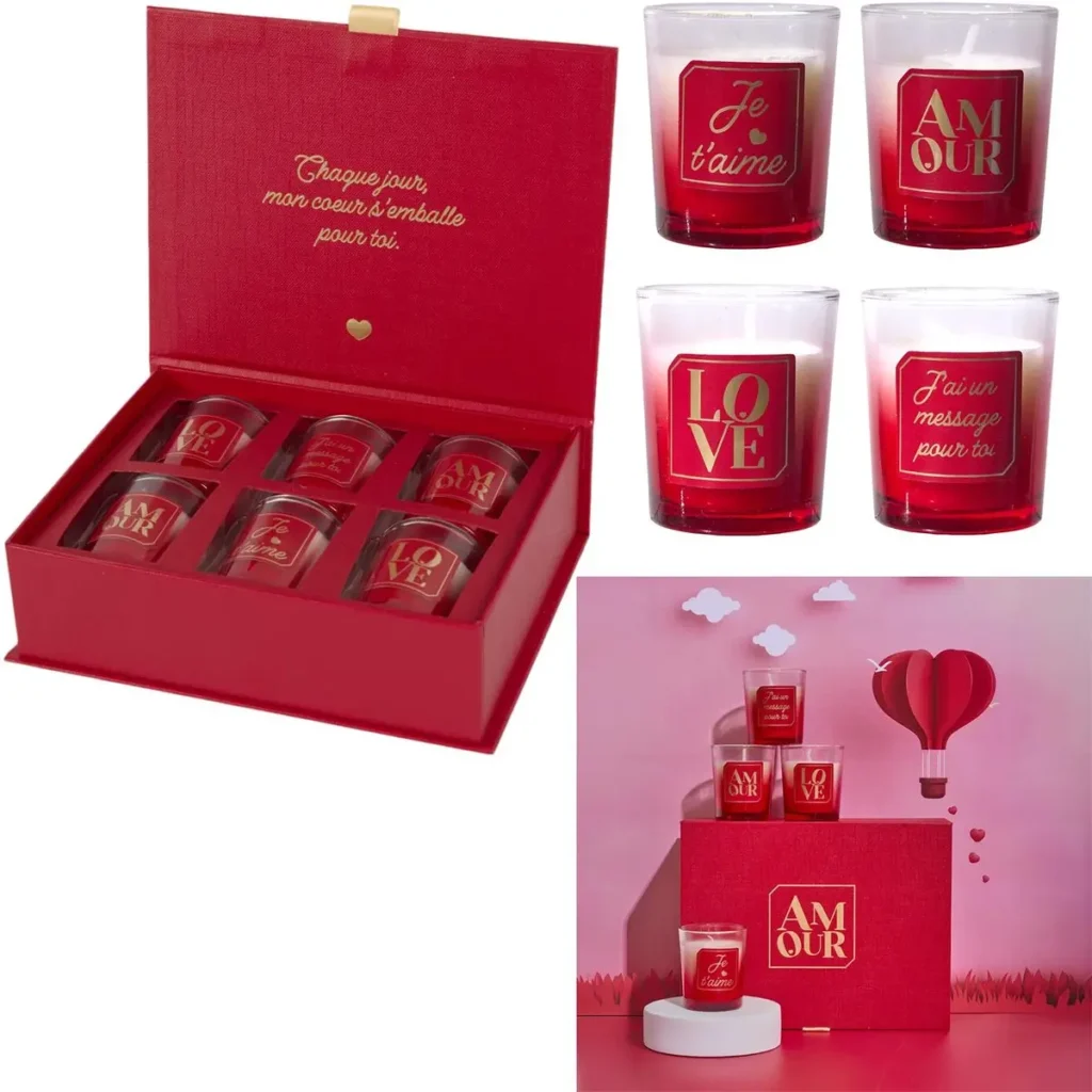 Rode geurkaarsen cadeauset als decoratie in moderne slaapkamer