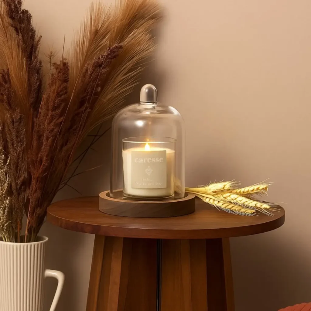Brandende geurkaars in glazen houder met warme bosgeur