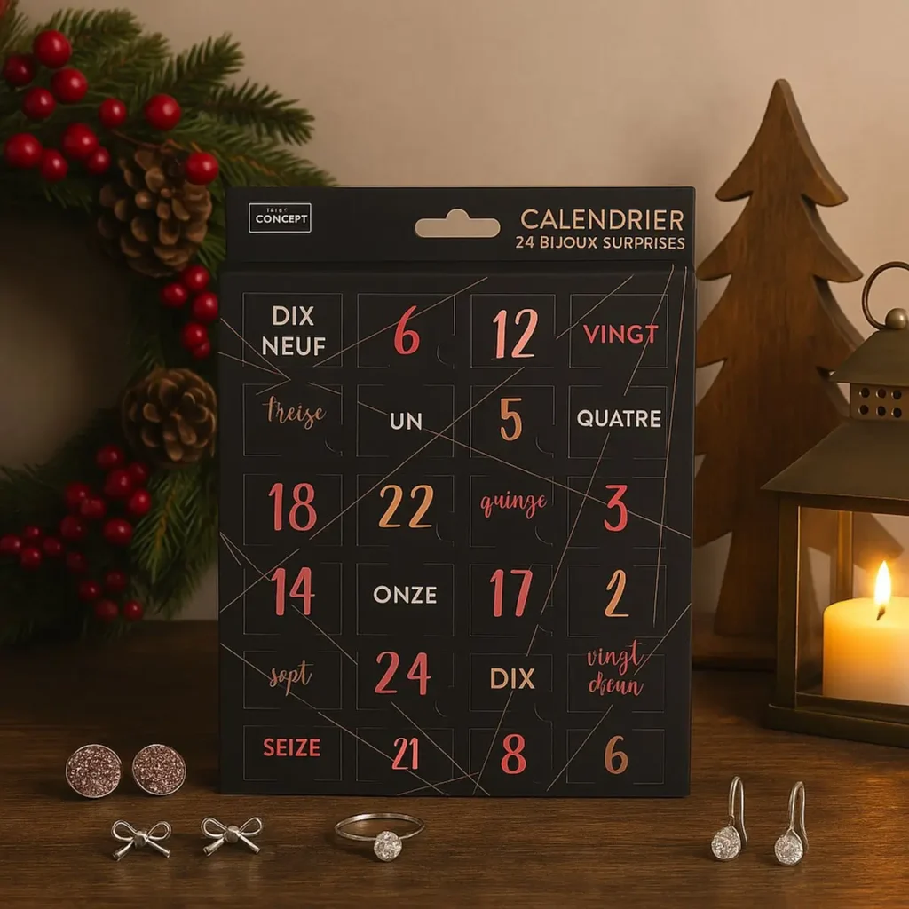 Geopende sieraden adventskalender met 24 vakjes gevuld met juwelen