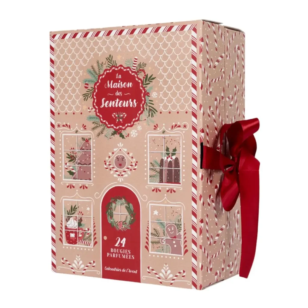 Uitvouwbare adventskalender met 24 geurkaarsen in rode cadeauverpakking