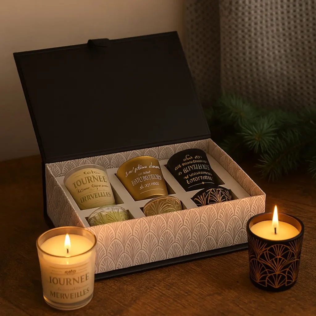 WDMT geurkaarsen cadeaubox in interieur met warme verlichting