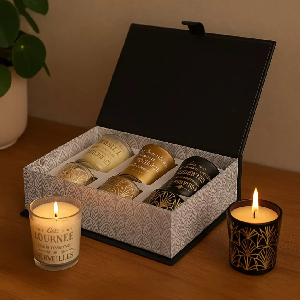 Brandende luxe geurkaars uit WDMT cadeaubox – sfeervolle verlichting