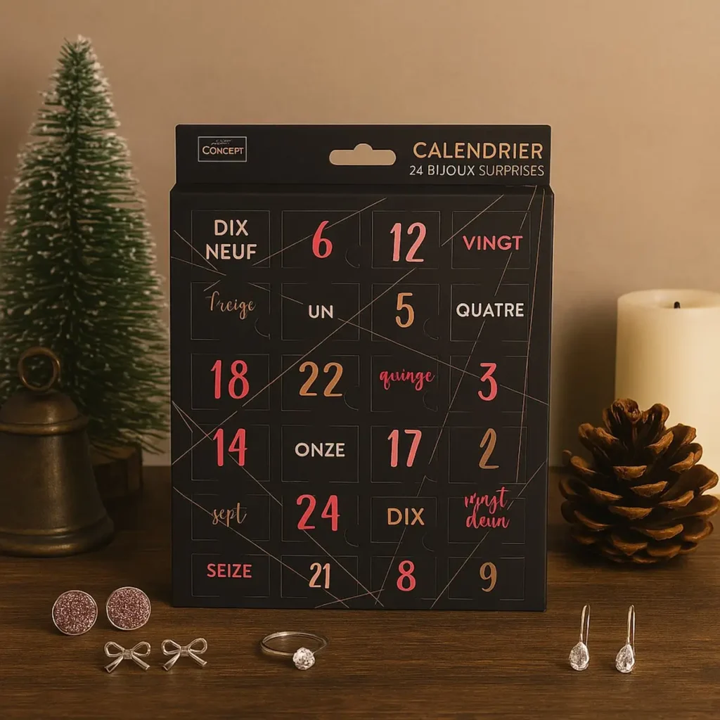 Close-up van gouden en zilveren sieraden uit adventskalender