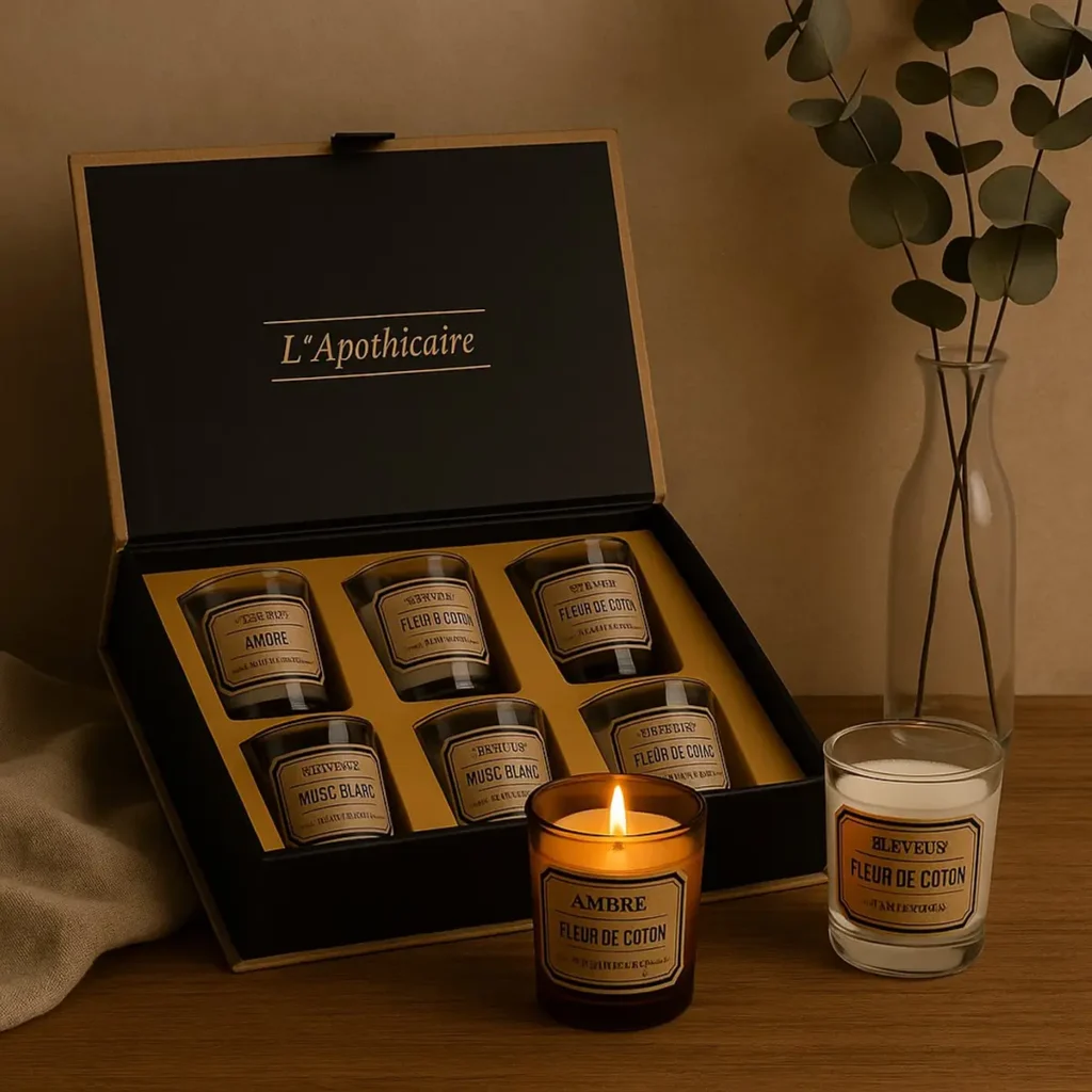 Brandende luxe geurkaarsen uit beige cadeaubox creëren warme sfeer