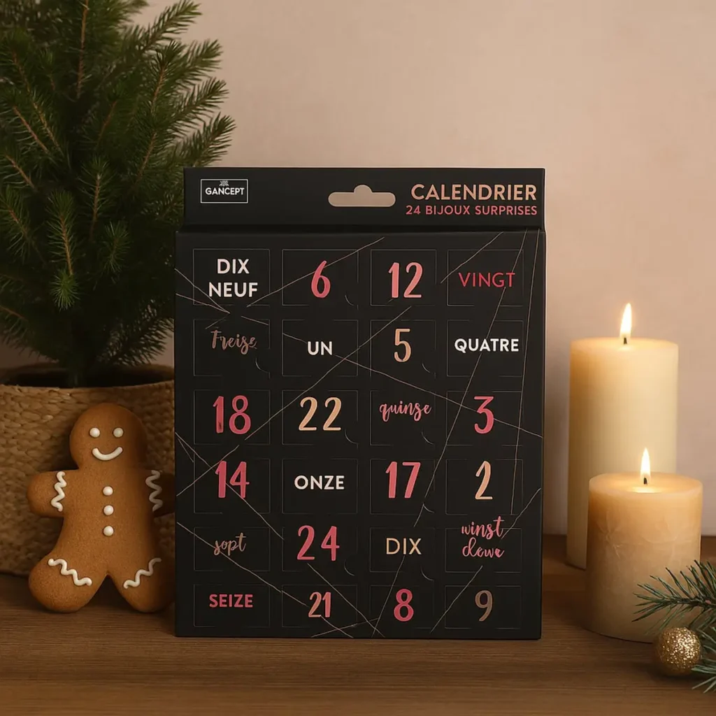 Sieraden adventskalender in zwarte verpakking onder kerstboom