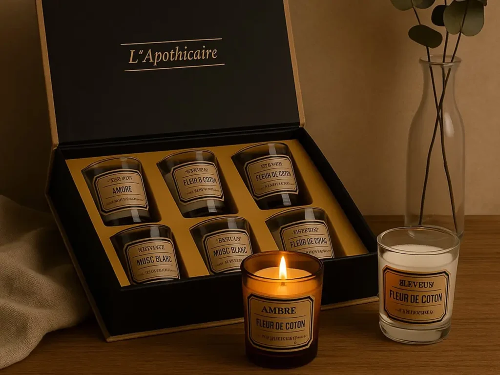 Luxe geurkaarsen cadeauset met meerdere geurkaarsen in elegante cadeauverpakking – perfect als stijlvol geschenk voor sfeer en ontspanning.