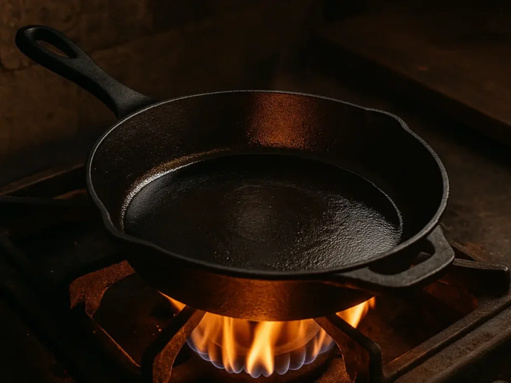 "Rustieke close-up van een gietijzeren pan die wordt ingebrand op een gasfornuis, met olieglans op het oppervlak en warme keukenverlichting, cast iron seasoning proces.