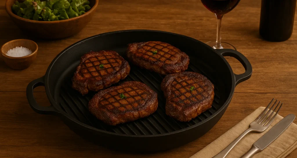 Gietijzeren grillpan met vier gegrilde ribeye steaks, getoond met rode wijn en salade – premium productfoto voor keukenartikelen en kookaccessoires.