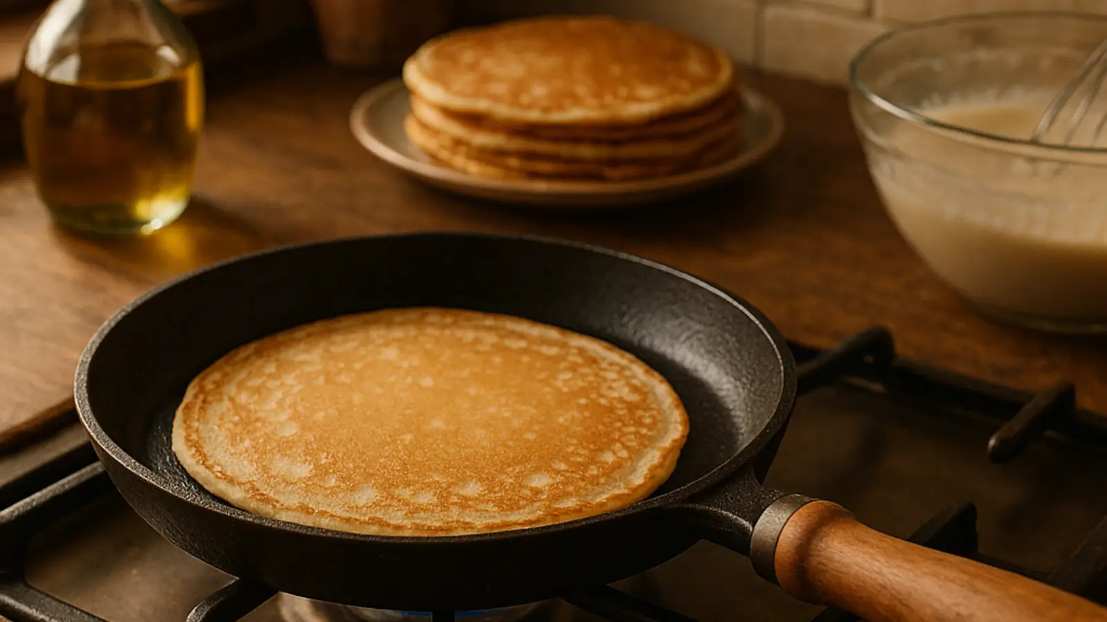 Gietijzeren pannenkoekenpan met houten handvat op een fornuis, waarin een goudbruine pannenkoek wordt gebakken, met een stapel pannenkoeken en beslagkom op de achtergrond.