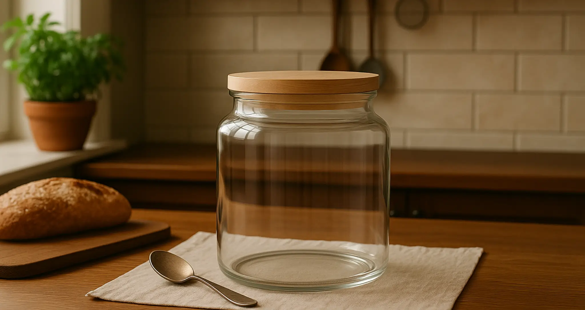 Een glazen voorraadpot met houten deksel staat op een linnen doek op een houten keukenblad, met een lepel ervoor. Op de achtergrond zijn een brood, een basilicumplant en keukengerei in een warme, rustieke keuken zichtbaar.