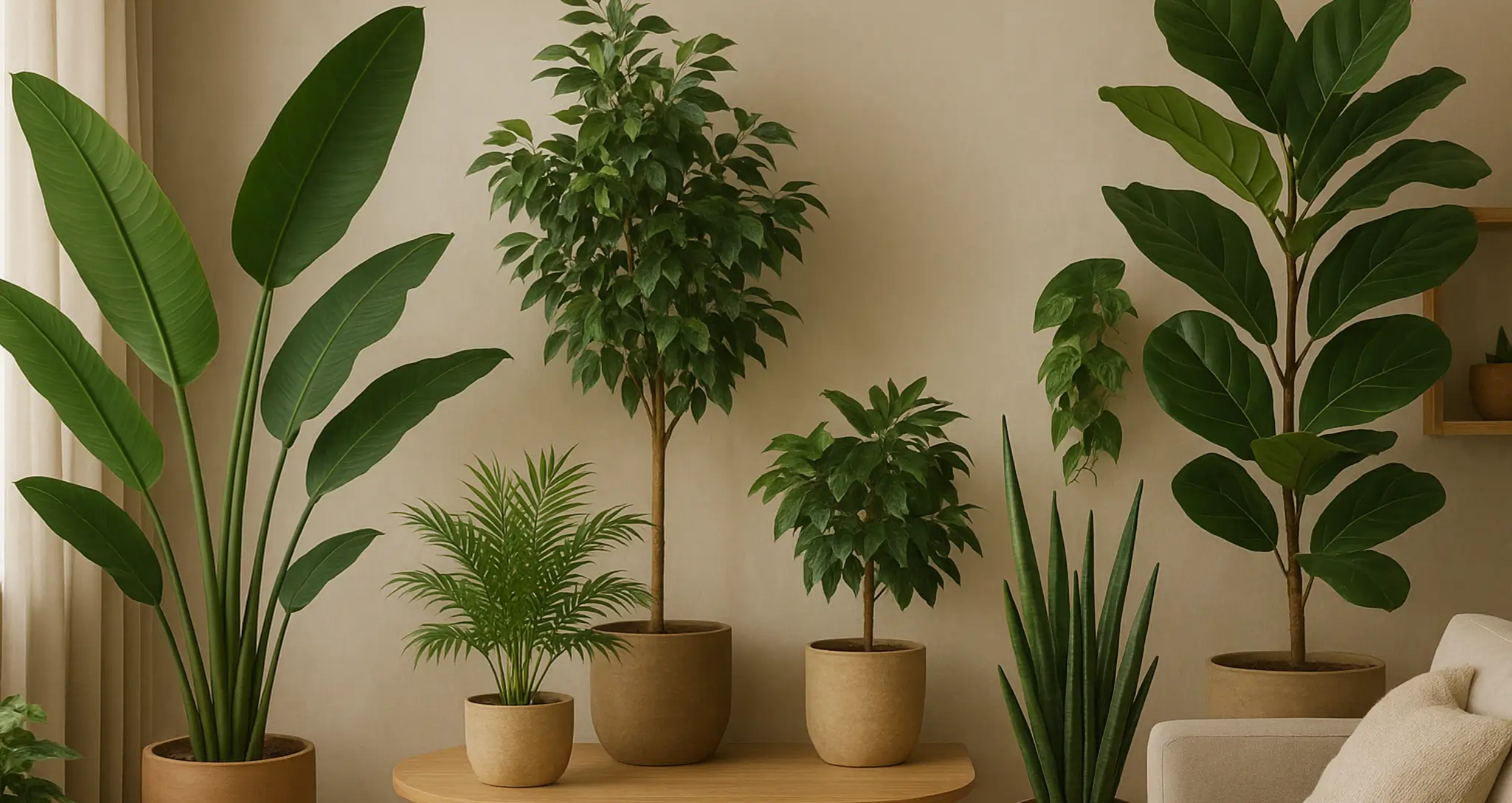 Sfeervolle woonkamer met verschillende realistische kunstplanten, waaronder een bird of paradise, ficus, palm en sansevieria, stijlvol geplaatst in beige potten voor een natuurlijke en moderne interieurlook.