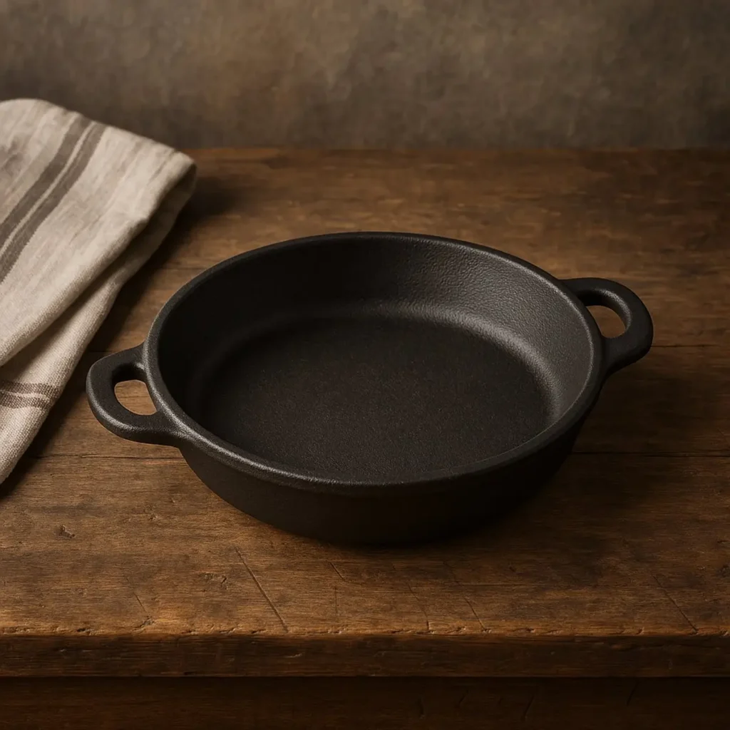 kleine gietijzeren pan met dubbele handgrepen