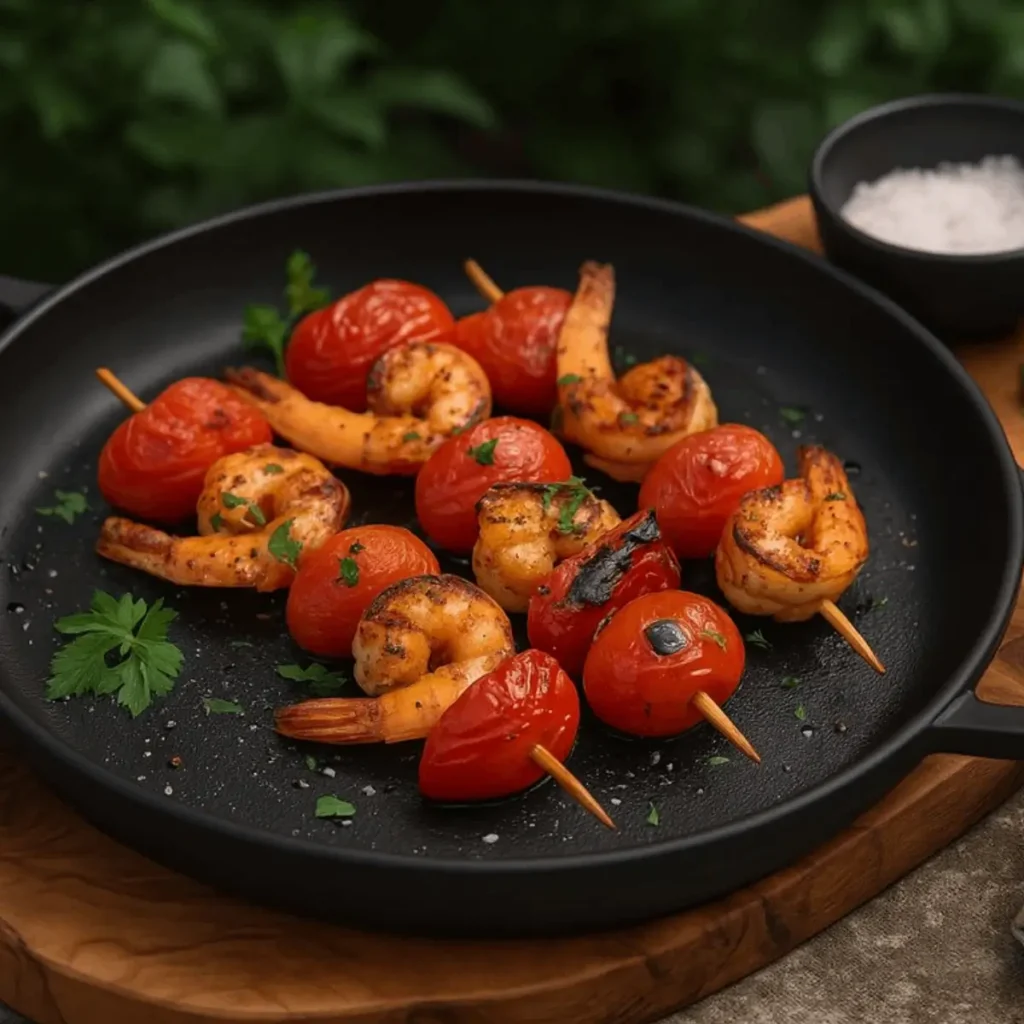 Pan 34 cm gevuld met gegrilde groenten op een BBQ rooster