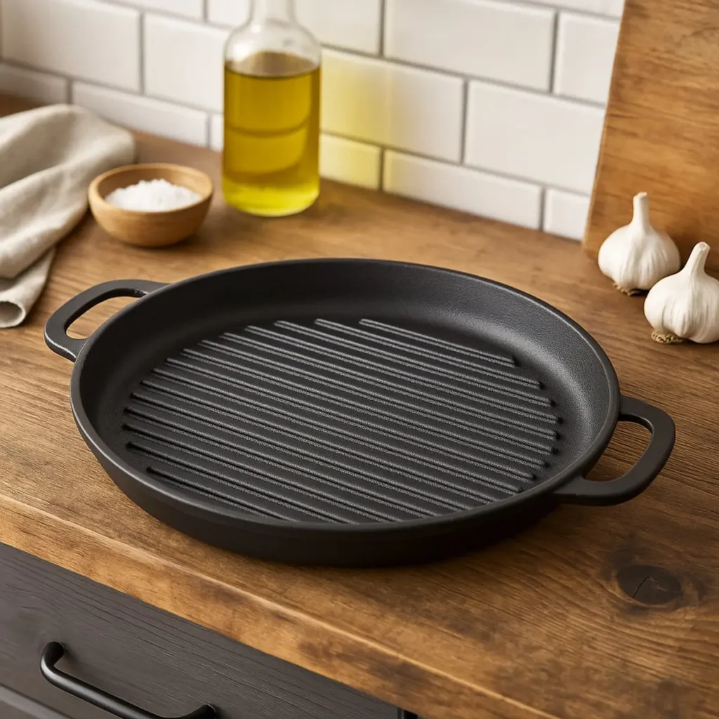 Gietijzeren grillpan 34 cm met stevige handgrepen – zijaanzicht