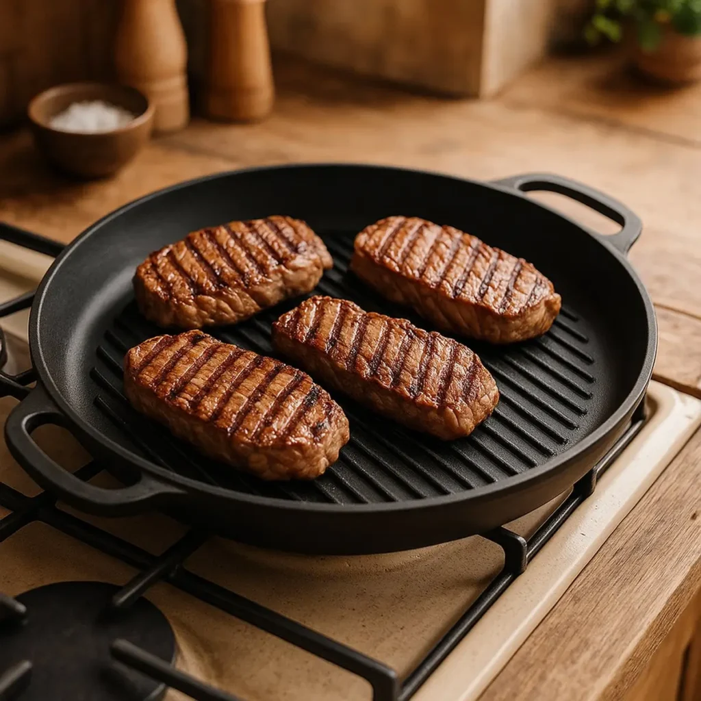 Maysternya grillpan 34 cm gebruikt voor het grillen van vlees en groenten