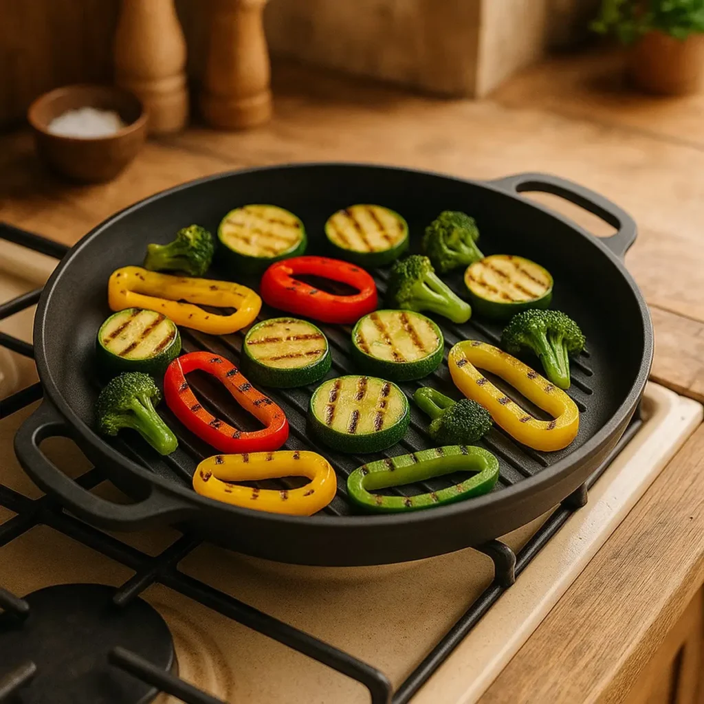Detailfoto van de ribbels in de gietijzeren grillpan 34 cm