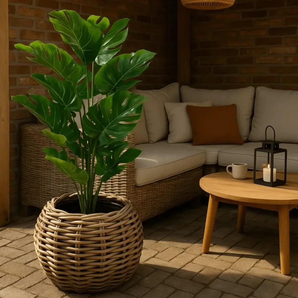 Bolvormige rotan plantenmand grijs voor woonkamer of hal